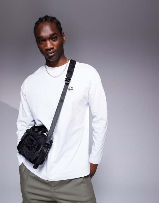 ASOS DESIGN - T-shirt oversize à manches longues en tissu épais 240 g/m² avec broderie - Blanc