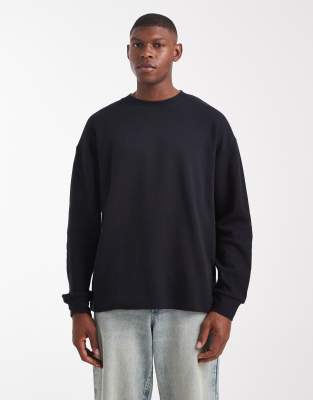 ASOS DESIGN - T-shirt oversize à manches longues en tissu gaufré - Noir