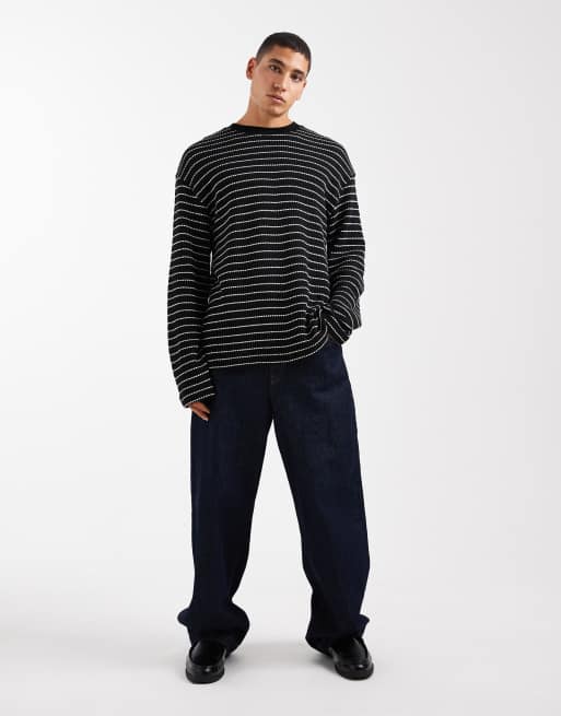 ASOS DESIGN - T-shirt oversize à manches longues en tissu texturé épais à rayures - Noir et blanc , 2 de 5