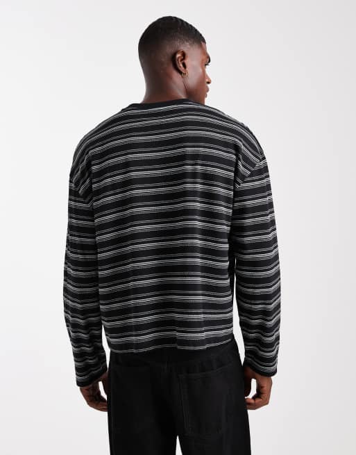 ASOS DESIGN - T-shirt oversize à manches longues en tissu texturé épais à rayures - Noir , 4 de 5