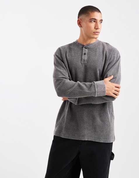 ASOS DESIGN - T-shirt oversize à manches longues et col boutonné en tissu gaufré - Noir délavé - view 1