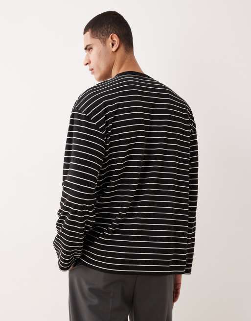 ASOS DESIGN - T-shirt oversize à manches longues et col boutonné - Noir et blanc à rayures , 3 de 5