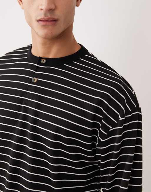 ASOS DESIGN - T-shirt oversize à manches longues et col boutonné - Noir et blanc à rayures , 5 de 5