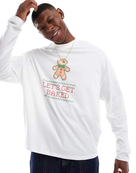 ASOS DESIGN - T-shirt oversize à manches longues et imprimé style Noël - Blanc - view 1