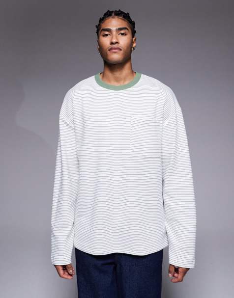 ASOS DESIGN - T-shirt oversize à manches longues et rayures en tissu texturé épais - Vert - view 1