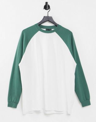 T-shirt oversize à manches longues raglan contrastées - Blanc et vert