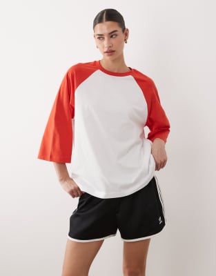 T-shirt oversize à manches raglan contrastantes - Rouge et blanc-Multicolore M