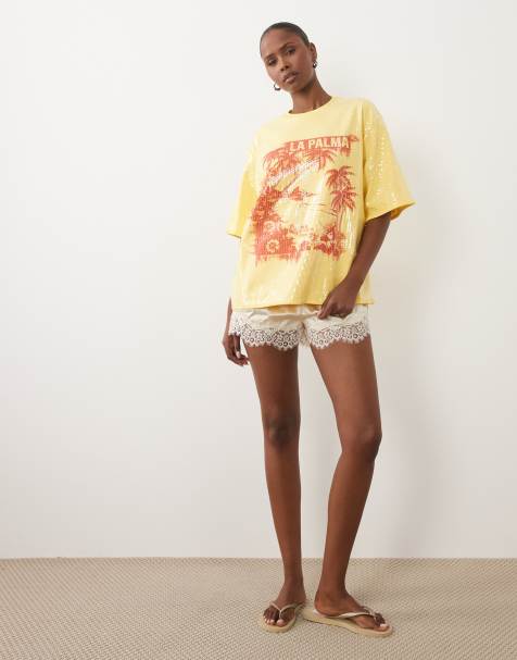 ASOS DESIGN - T-shirt oversize à manches tombantes et motif La Palma en sequins - Jaune - view 1