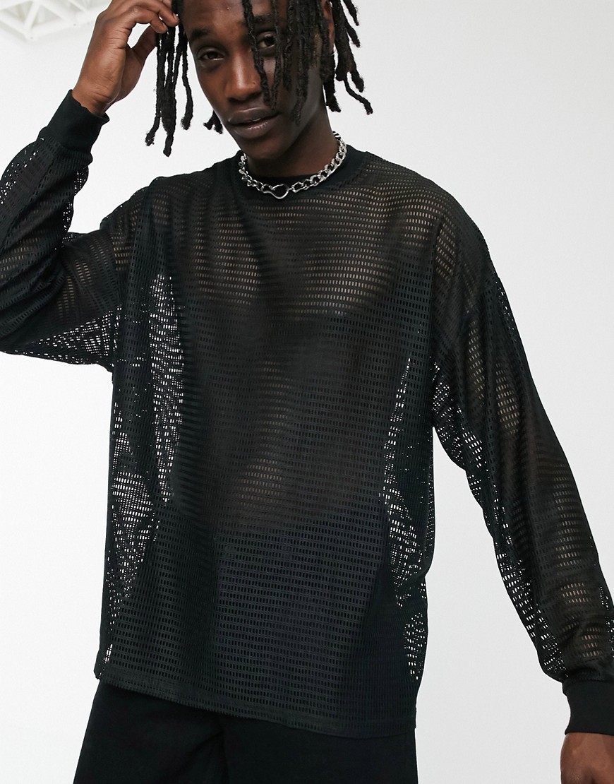 ASOS DESIGN - T-shirt oversize a maniche lunghe a rete in cotone nera-Nero