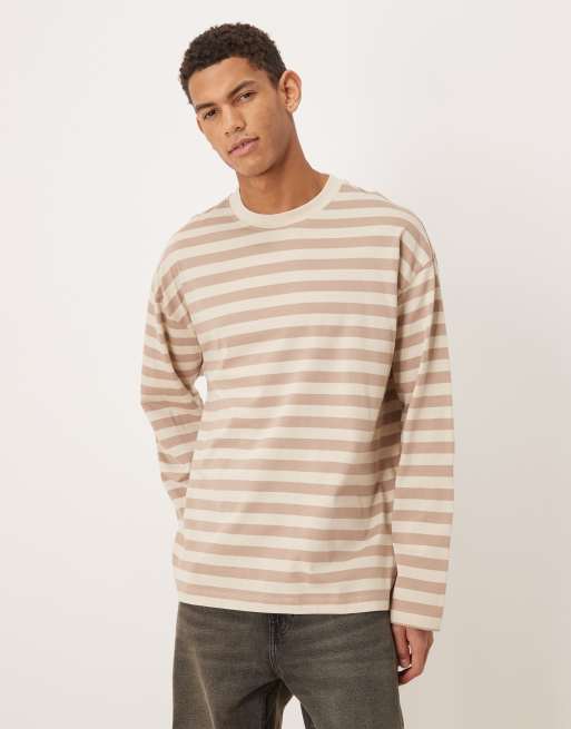 ASOS DESIGN - T-shirt oversize a maniche lunghe a righe color caffellatte e beige