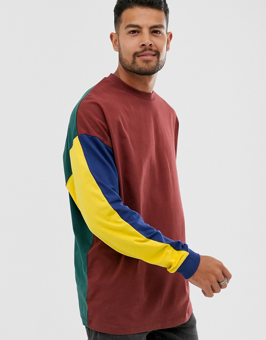 ASOS DESIGN - T-shirt oversize a maniche lunghe bordeaux con colour block a contrasto-Marrone