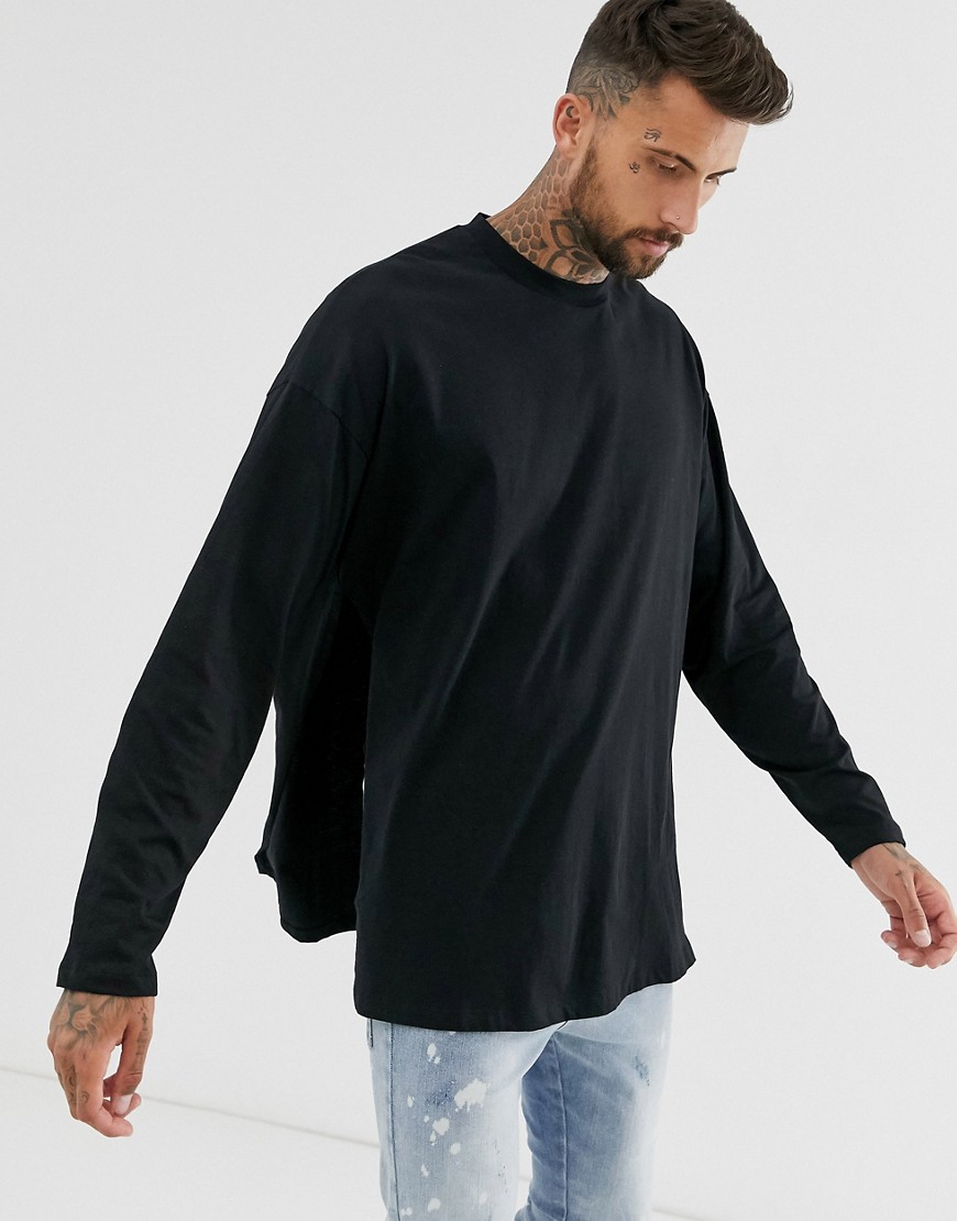 ASOS DESIGN - T-shirt oversize a maniche lunghe con ampi spacchi laterali nera-Nero