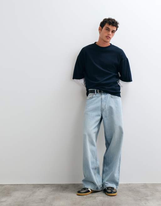 ASOS DESIGN t-shirt oversize a maniche lunghe con doppio strato in navy a nido d'ape, 4 di 5