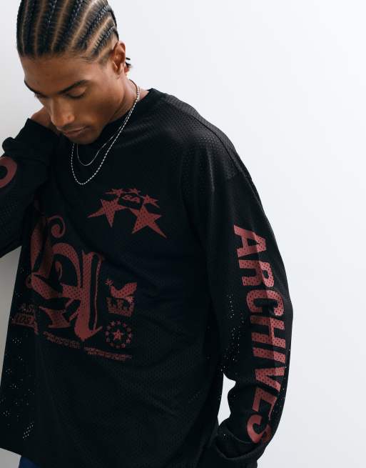 ASOS DESIGN T-shirt oversize a maniche lunghe con grafica in tessuto a rete nero, 5 di 5