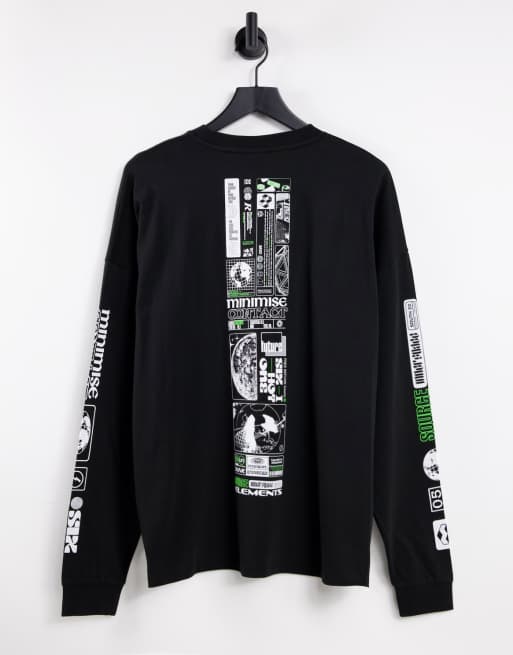 ASOS DESIGN - T-shirt oversize a maniche lunghe con stampa sulla schiena e sulle maniche, colore nero