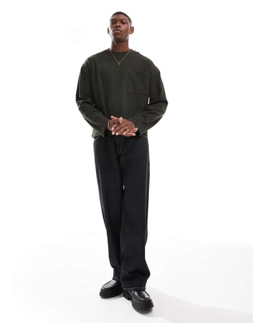 ASOS DESIGN - T-shirt oversize a maniche lunghe con tasca sul davanti kaki scuro