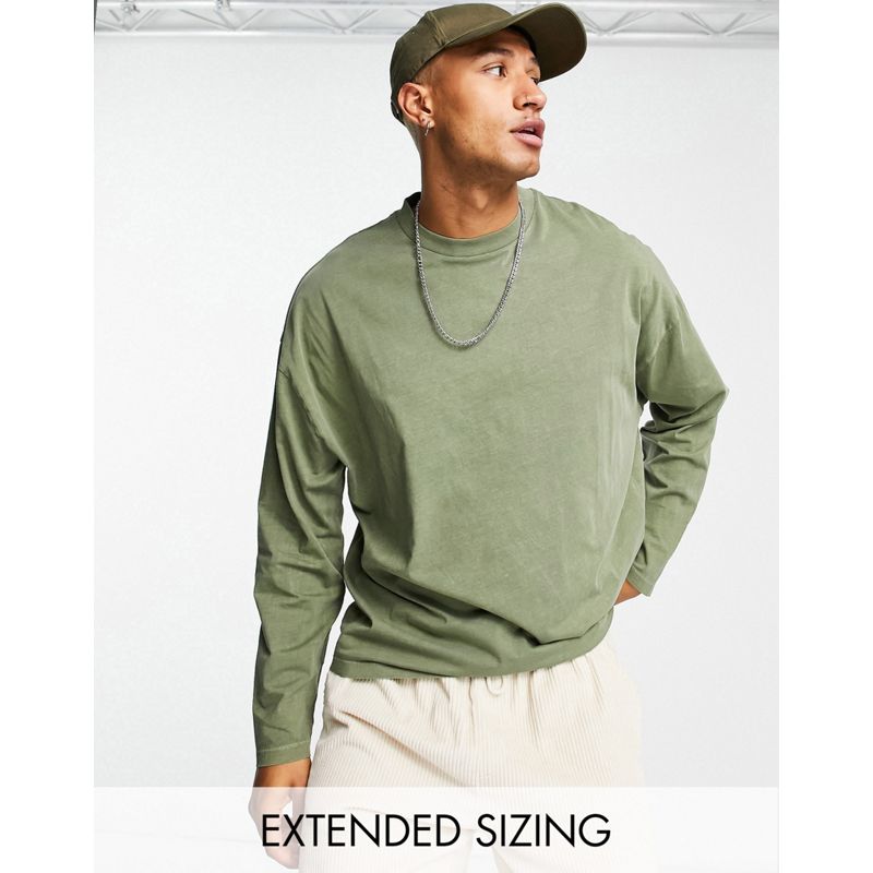 Uomo Novità DESIGN - T-shirt oversize a maniche lunghe in misto cotone organico lavaggio acido, colore verde