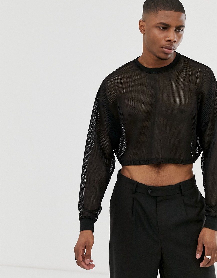 ASOS DESIGN - T-shirt oversize a maniche lunghe in tessuto a rete nero