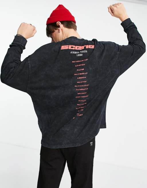 ASOS DESIGN - T-shirt oversize a maniche lunghe nero slavato con stampa grafica sul davanti e sul retro