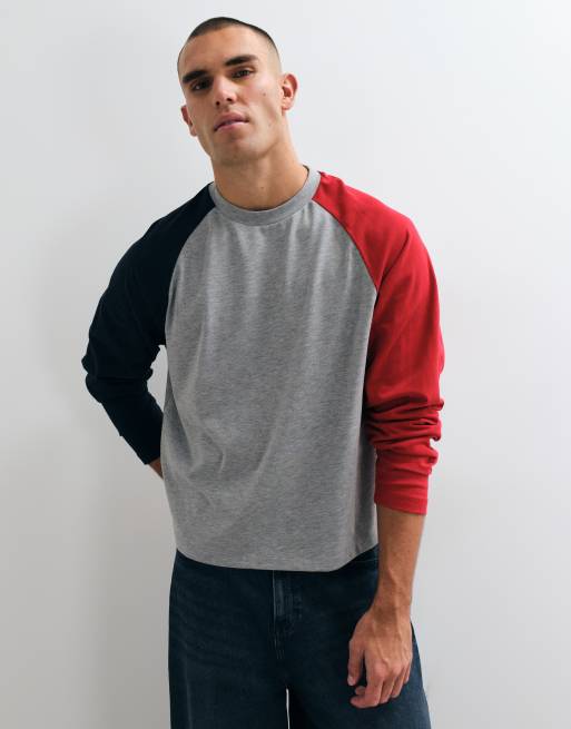 ASOS DESIGN T-shirt oversize a maniche lunghe raglan in grigio mélange e rosso, 2 di 10