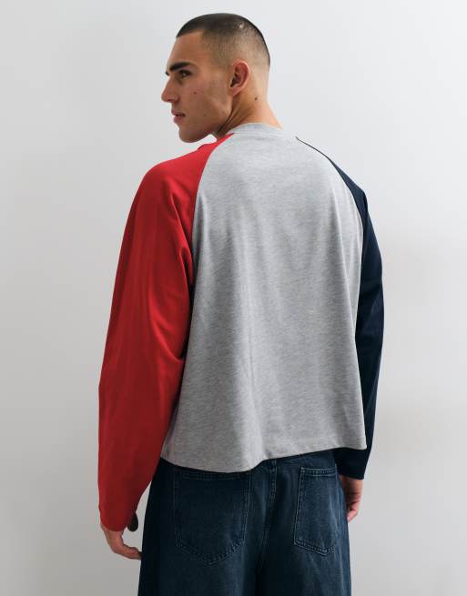 ASOS DESIGN T-shirt oversize a maniche lunghe raglan in grigio mélange e rosso, 3 di 10