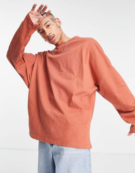 ASOS DESIGN - T-shirt oversize a maniche lunghe rosso slavato con scollo a barchetta