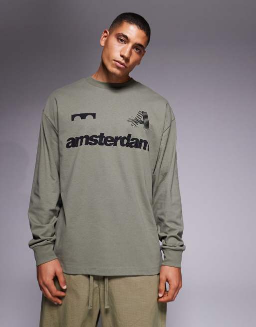 ASOS DESIGN - T-shirt oversize a maniche lunghe verde con stampa sul petto