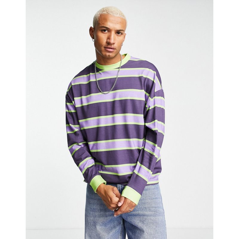 T-shirt e Canotte B7tJF DESIGN - T-shirt oversize a maniche lunghe viola e verde a righe con profili a contrasto