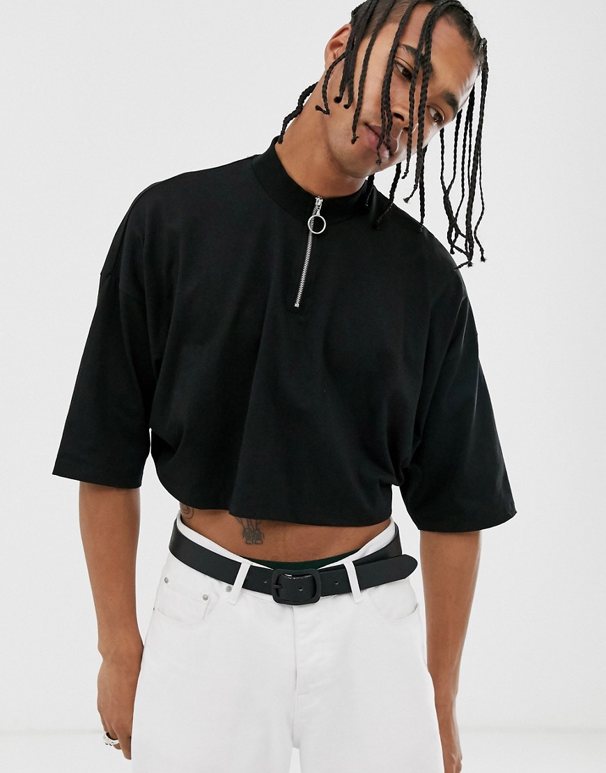 ASOS DESIGN - T-shirt oversize a mezze maniche con collo alto con zip nera-Nero