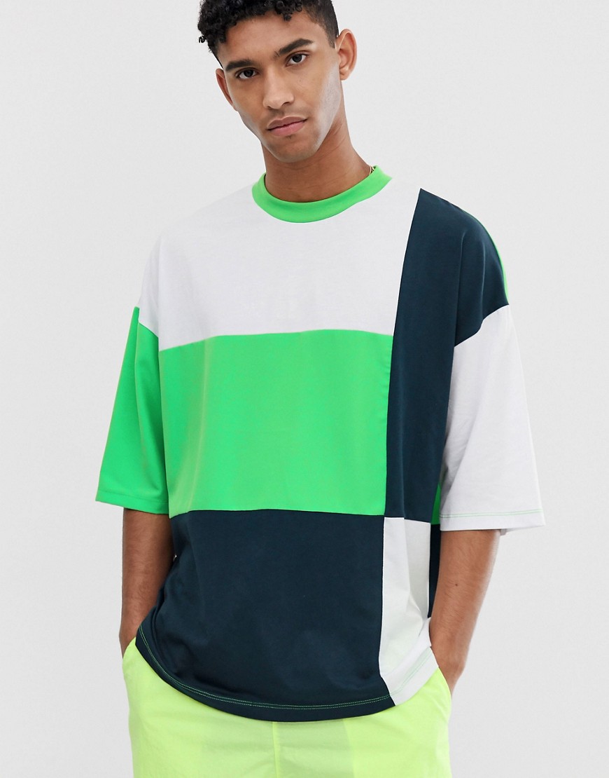 ASOS DESIGN - T-shirt oversize a mezze maniche con motivo colour block patchwork fluo-Multicolore