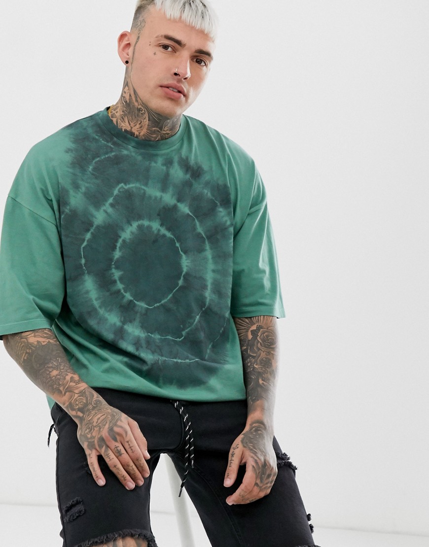 ASOS DESIGN - T-shirt oversize a mezze maniche in jersey pesante lavaggio tie-dye a spirale verde