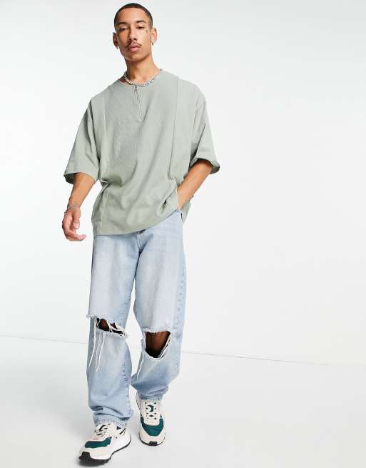 ASOS DESIGN - T-shirt oversize a mezze maniche in tessuto a nido d'ape kaki con design cut and sew