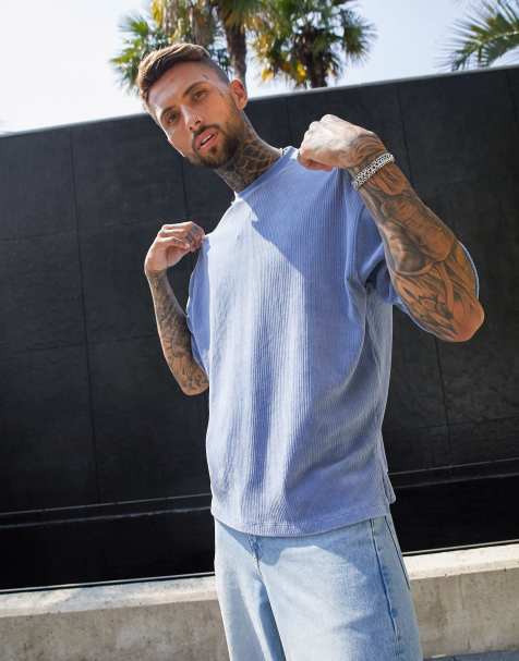 ASOS DESIGN - T-shirt oversize a mezze maniche in velour a coste blu - view 1