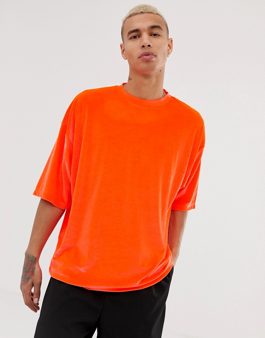 ASOS DESIGN - T-shirt oversize a mezze maniche in velour arancione fluo