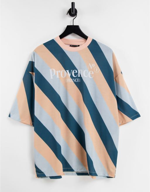 ASOS DESIGN - T-shirt oversize à rayures en biais et imprimé sur le devant - Bleu et rose