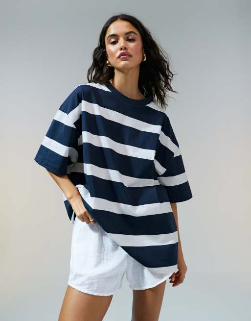 ASOS DESIGN - T-shirt oversize a righe blu navy, 4 di 5