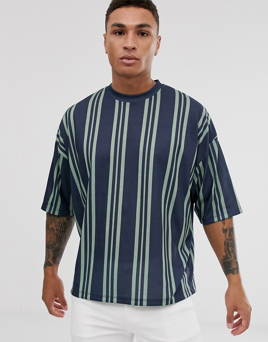 ASOS DESIGN T-shirt oversize a righe verticali verde pastello e blu navy-Multicolore