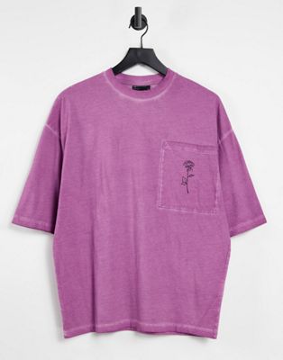 T-shirt oversize à rose imprimée sur la poche - Violet délavé
