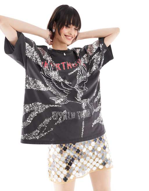 ASOS DESIGN - T-shirt oversize à sequins avec motif rouge - Anthracite délavé