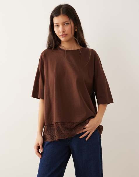 ASOS DESIGN - T-shirt oversize avec bord en dentelle - Marron chocolat - view 1