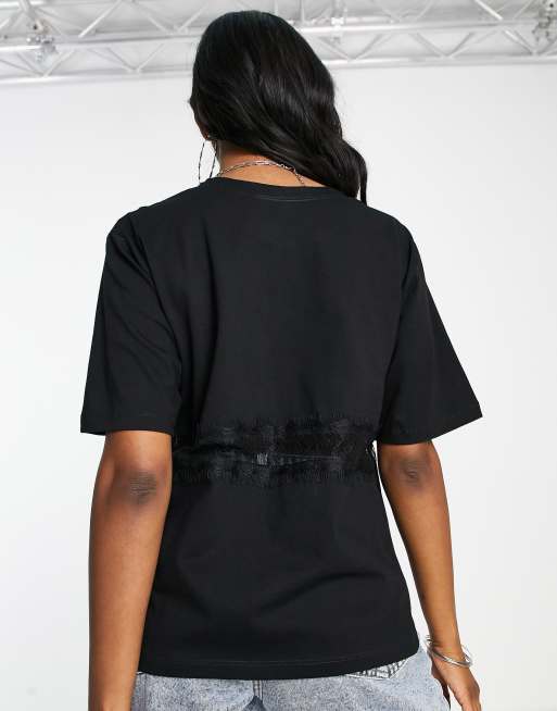 ASOS DESIGN - T-shirt oversize avec empiècement dentelle - Noir, 2 de 4