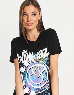 Femme T-shirt oversize avec imprimé Blink 182 - Noir