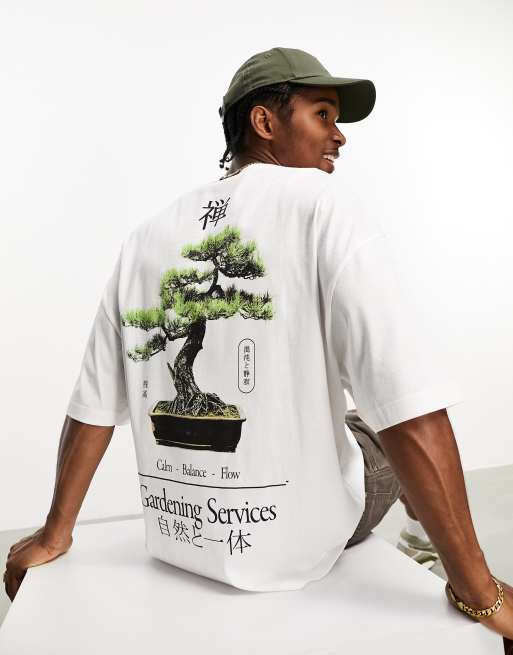 ASOS DESIGN - T-shirt oversize avec imprimé bonsaï au dos - Blanc