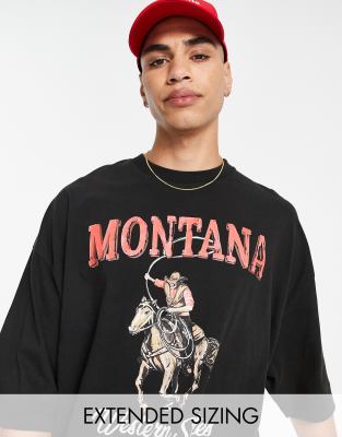 ASOS DESIGN - T-shirt oversize avec imprimé cow-boy rétro sur le devant - Noir délavé