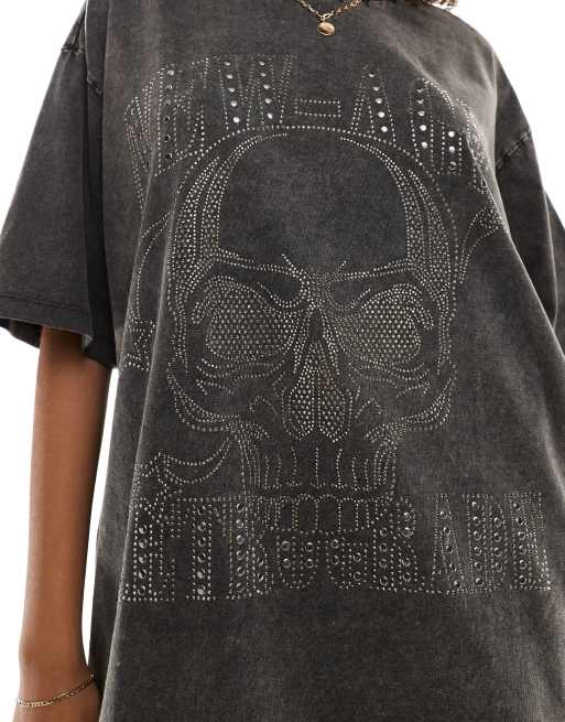 ASOS DESIGN - T-shirt oversize avec imprimé crâne rock à strass thermocollés - Anthracite délavé, 2 de 4