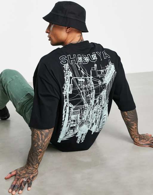 ASOS DESIGN - T-shirt oversize avec imprimé esquisse et ville devant et au dos - Noir