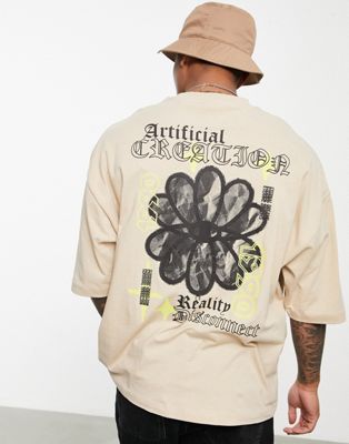 Nouveau T-shirt oversize avec imprimé fleur au dos - Beige