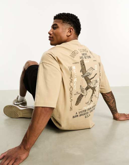 ASOS DESIGN - T-shirt oversize avec imprimé oiseau au dos - Beige foncé