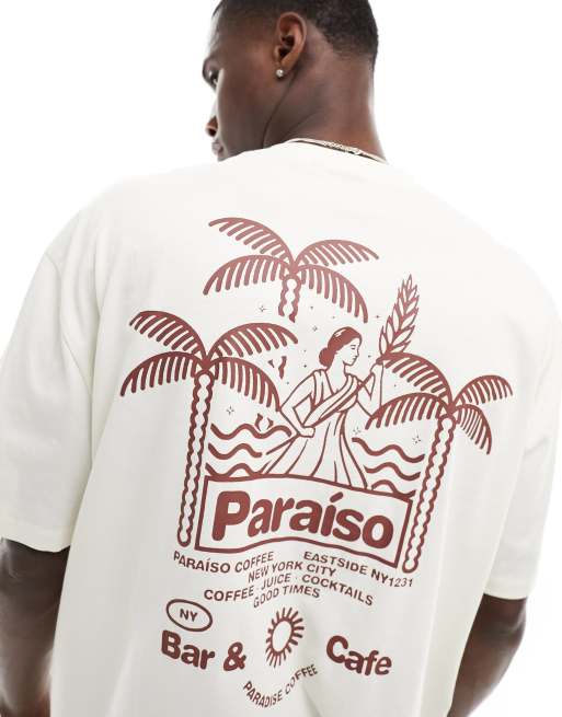 ASOS DESIGN - T-shirt oversize avec imprimé palmiers au dos - Blanc cassé