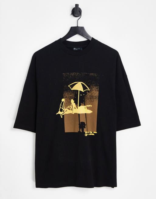 ASOS DESIGN - T-shirt oversize avec imprimé parasol jaune à l'avant et au dos - Noir